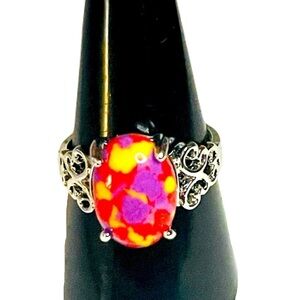 New Artisan Yellow Purple Red Mosaic Jasper Sterling Silver Celtic Handmade Ring